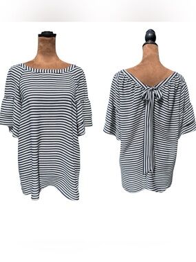 LOFT Navy & White Striped Flutter Sleeves Tie-Back Tunic Blouse Size Medium